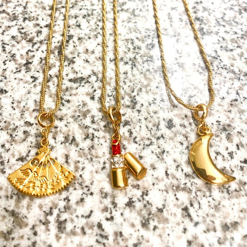 Gold Mini Charm Necklace - Lipstick, Moon, Fan